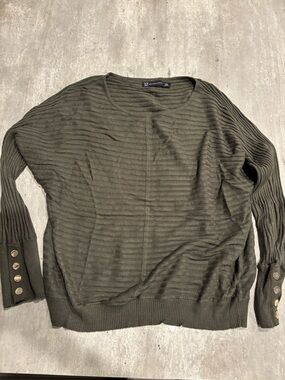 New York & Company Olive Green Ribbed Button-Cuff Sweater